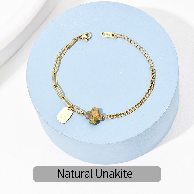 Change Better Natural Faceted Yellow Tiger Eye Cross Stone Metal Pendant Bracelet Women Gold Color Stainless Steel Chain Bangles