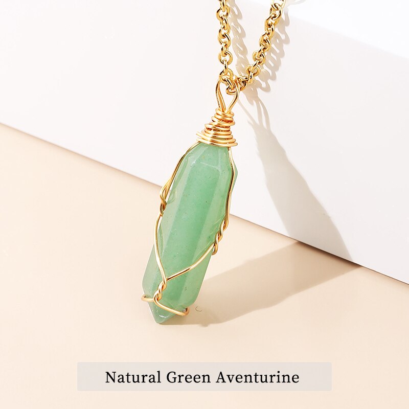 JD 13 Colors Hexagonal Cylindrical Crystal Necklace Natural Stone Pendant Wire Wrap Stone Necklace for Women Men Fashion Jewelry