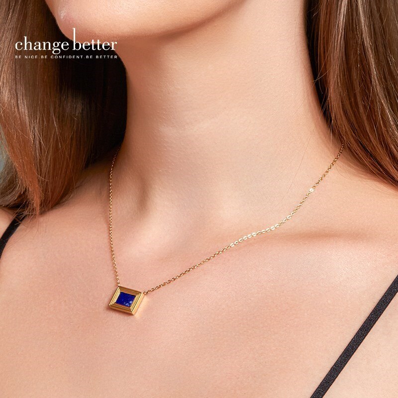 Change Better Gold Color Stainless Steel Square Geometric Pendant Necklace Women Elegant Natural Lapis Lazuli Inlay Jewelry Gift