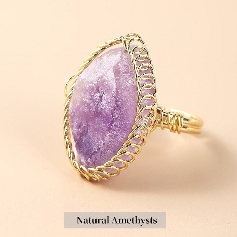 JD Natural Crystal Stone Rough Pink Quartz Braided Copper Wire Ring Women Bohe Irregular Amethysts Gold Color Adjusable Rings