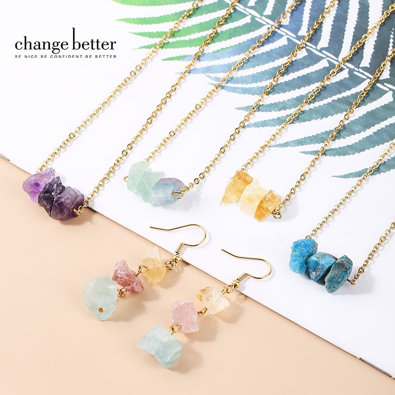 Change Better Natural Raw Stone Pink Quartz Amethyst Dangle Earring Women Rough Citrines Charm Necklace Girls Chain Jewelry Set