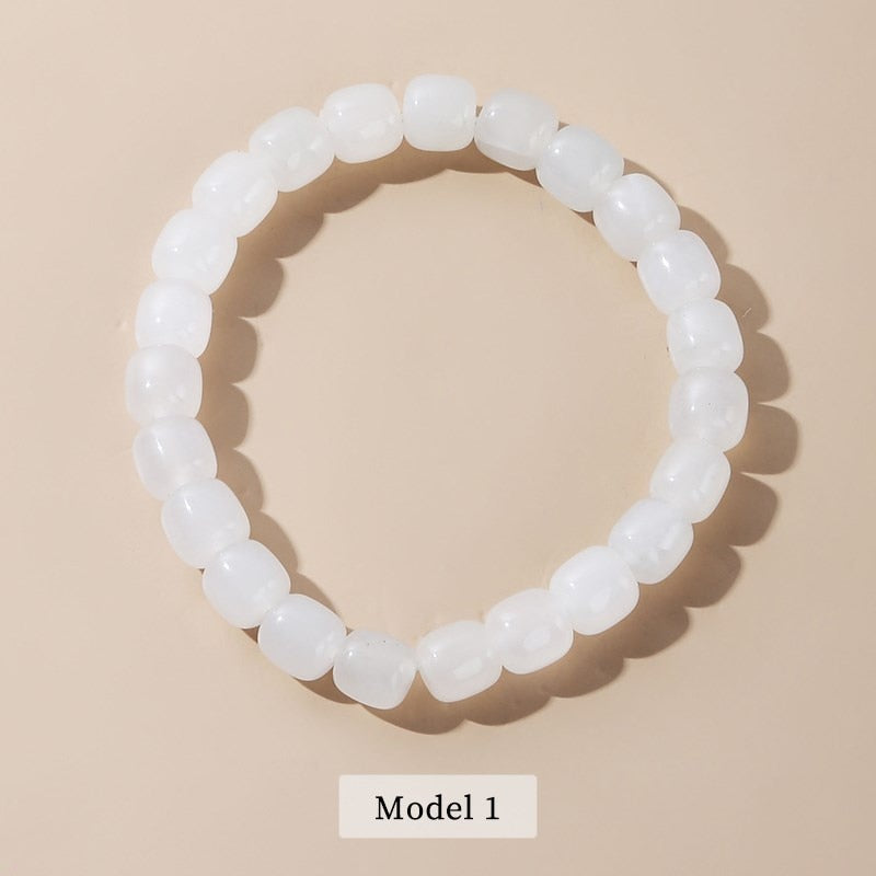 JD Natural White Jade Barrel Shape Beads Bracelet Women Fashion Golden Separator Handmade Elastic Reiki Stone Wrist Bangles