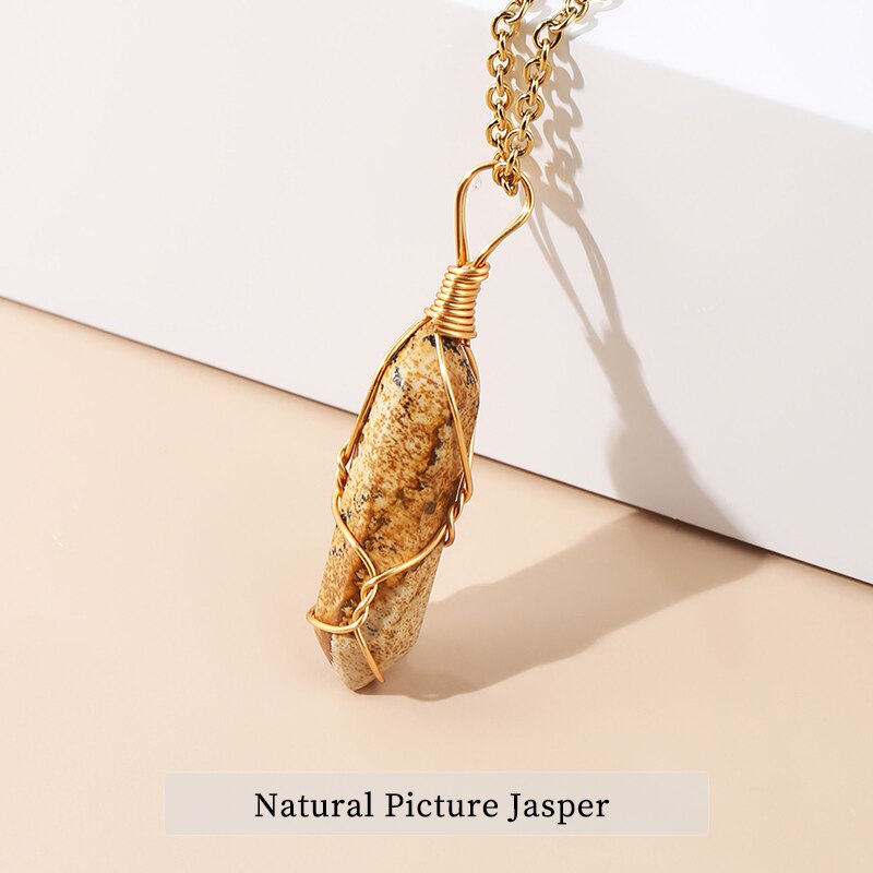 JD 13 Colors Hexagonal Cylindrical Crystal Necklace Natural Stone Pendant Wire Wrap Stone Necklace for Women Men Fashion Jewelry