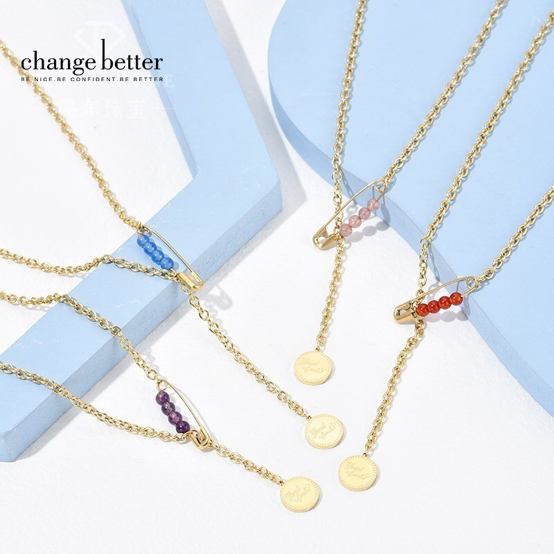 CHANGE BETTER Paper Clip Pin Small Agate Amethyst Bead Pendant Necklace Women Simple Charms Clavicle Chain Choker Jewelry Gift