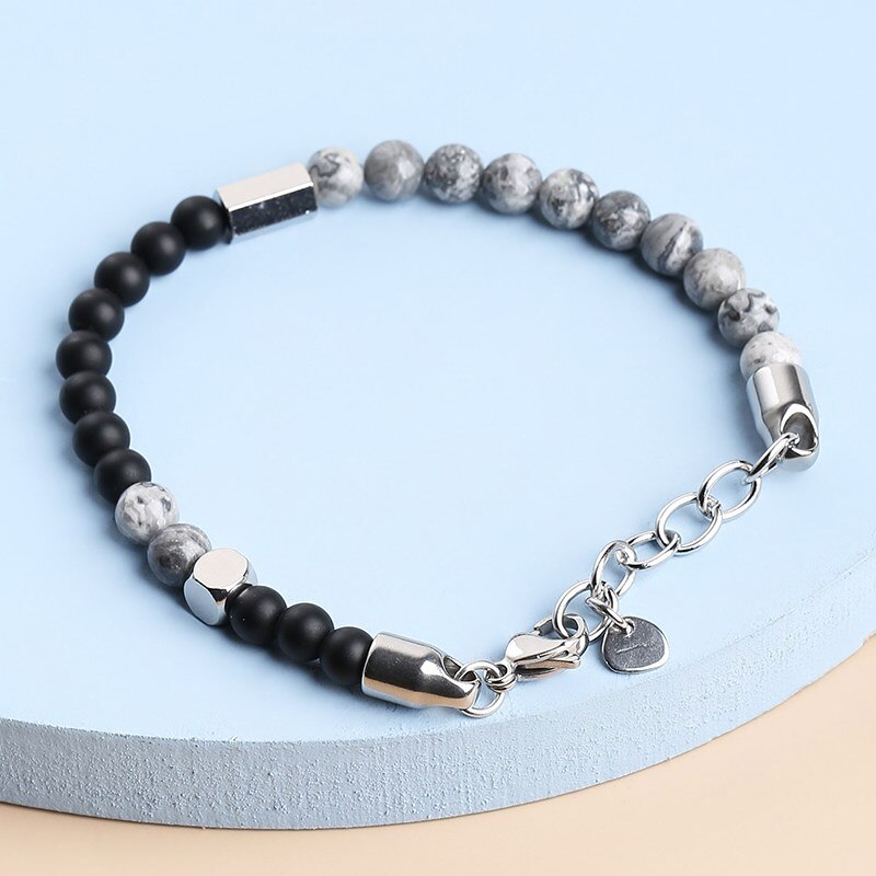 CHANGE BETTER 6mm Natural Map Stone Chain Round Beaded Bracelet Men Charm Stainless Steel Clasp Bangles Handmade Jewelry Gifts