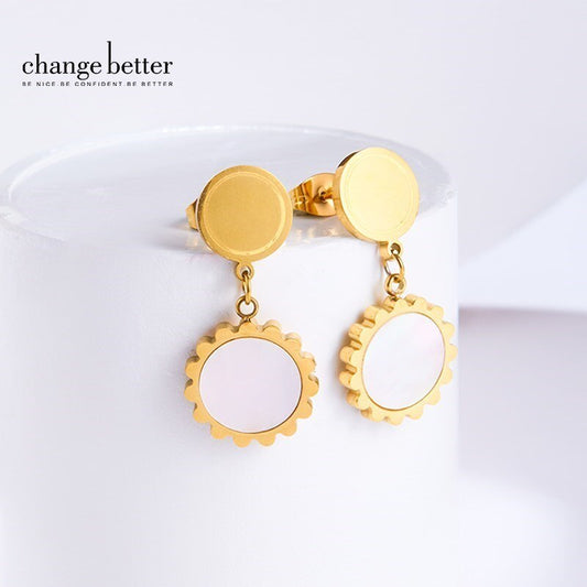 Change Better Natural White Shell Inlay Gear Shape Dangle Earrings Women Gold Color Stainless Steel Vintage Drop Earring Jewelry