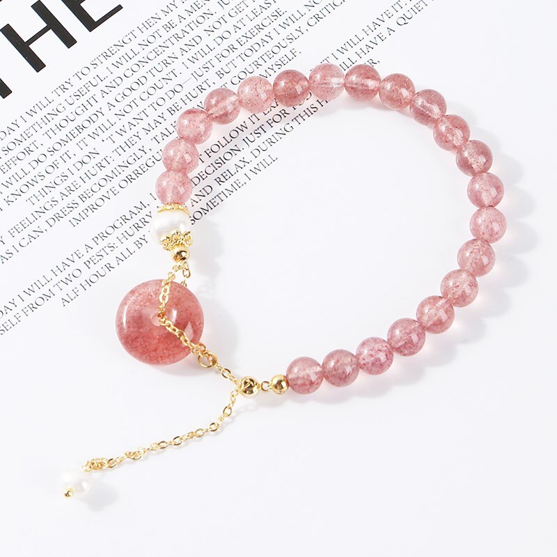 JD Natural Strawberry Quartz Beaded Bracelet Women Sweet Peace Buckle Pearl Charm Handmade Bangles Female Cute Wristband Jewelry