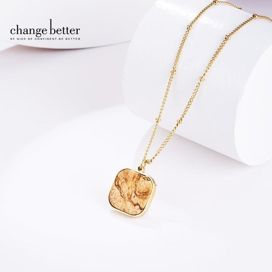 CHANGE BETTER Natural Stone Pendant Picture Jasper Square Charms Necklace Women Trendy Gold Color Chain Reiki Healing Jewelry