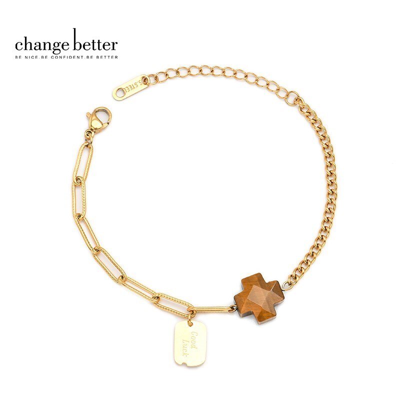 Change Better Natural Faceted Yellow Tiger Eye Cross Stone Metal Pendant Bracelet Women Gold Color Stainless Steel Chain Bangles