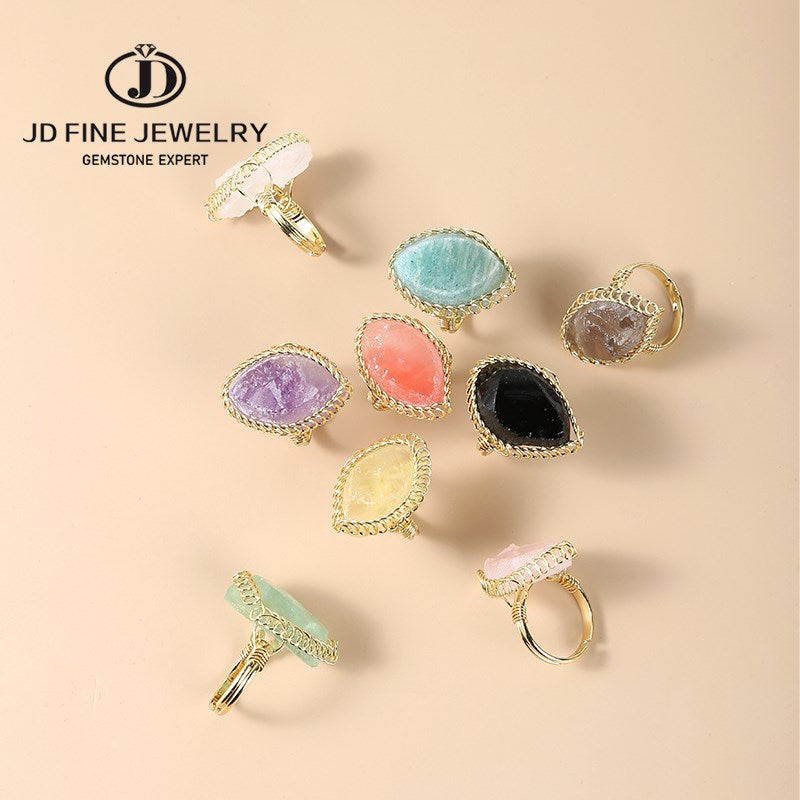 JD Natural Crystal Stone Rough Pink Quartz Braided Copper Wire Ring Women Bohe Irregular Amethysts Gold Color Adjusable Rings