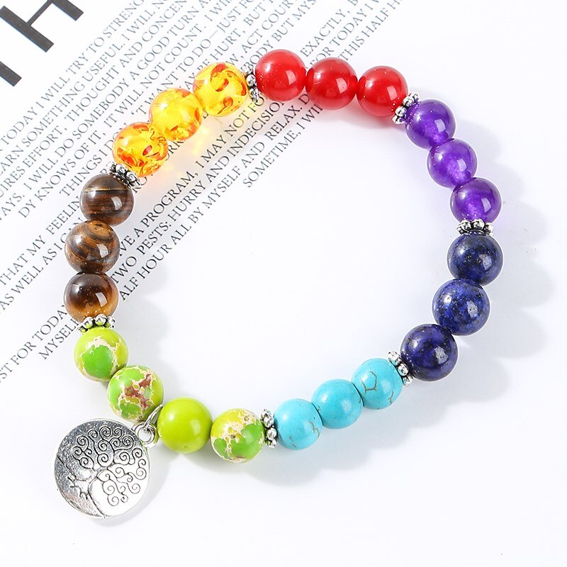 JD Natural Stone Bead Seven Chakra Bracelets Men Women Life of Tree Charms Yoga Energy Meditation Elastic Bangles Jewelry Gift