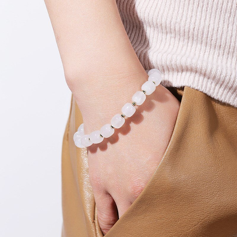 JD Natural White Jade Barrel Shape Beads Bracelet Women Fashion Golden Separator Handmade Elastic Reiki Stone Wrist Bangles