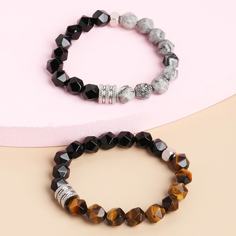 CHANGE BETTER 10mm Natural Stone Faceted Tiger Eyes Black Onyx Beaded Bracelet Men Stainless Steel Yoga Prayer Charm Bangles