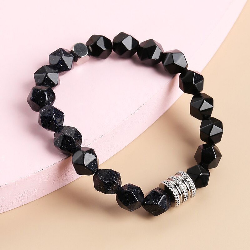 CHANGE BETTER 10mm Natural Stone Faceted Tiger Eyes Black Onyx Beaded Bracelet Men Stainless Steel Yoga Prayer Charm Bangles