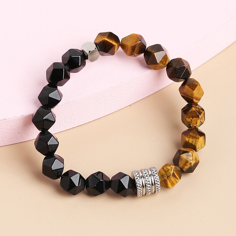 CHANGE BETTER 10mm Natural Stone Faceted Tiger Eyes Black Onyx Beaded Bracelet Men Stainless Steel Yoga Prayer Charm Bangles