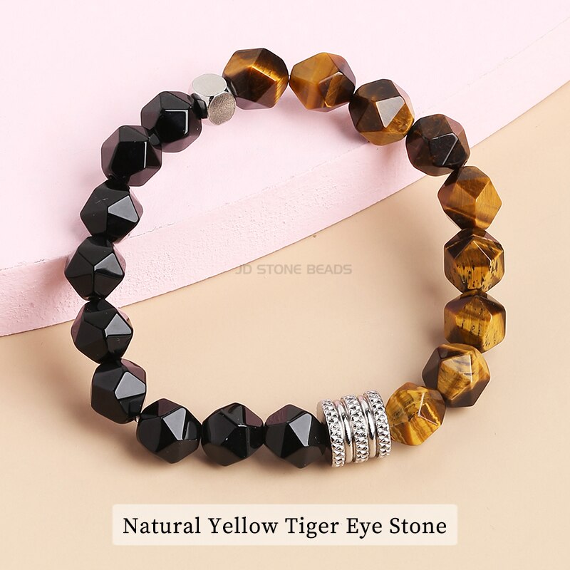 CHANGE BETTER 10mm Natural Stone Faceted Tiger Eyes Black Onyx Beaded Bracelet Men Stainless Steel Yoga Prayer Charm Bangles