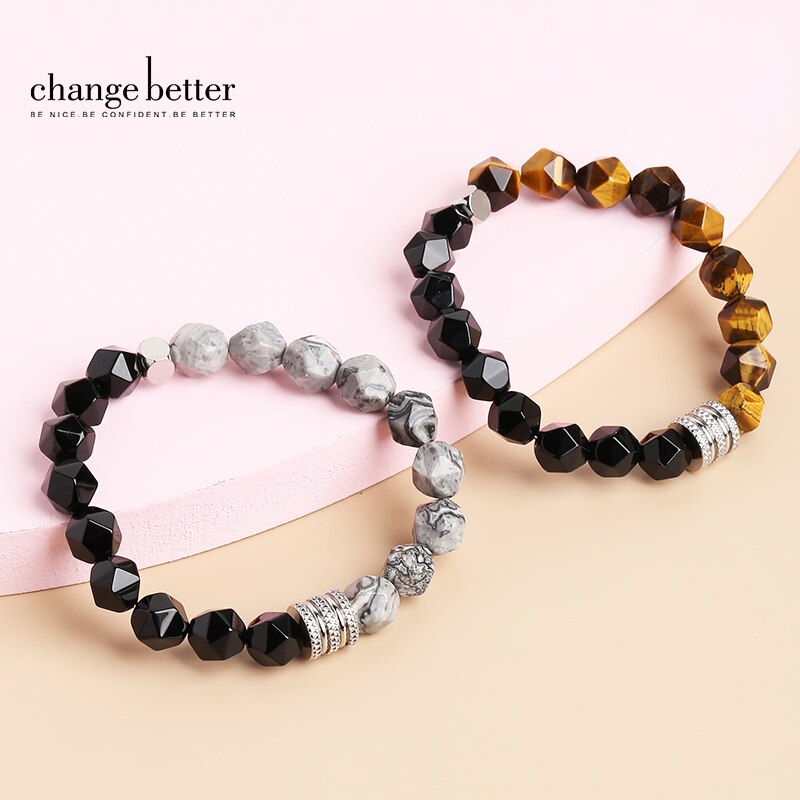 CHANGE BETTER 10mm Natural Stone Faceted Tiger Eyes Black Onyx Beaded Bracelet Men Stainless Steel Yoga Prayer Charm Bangles