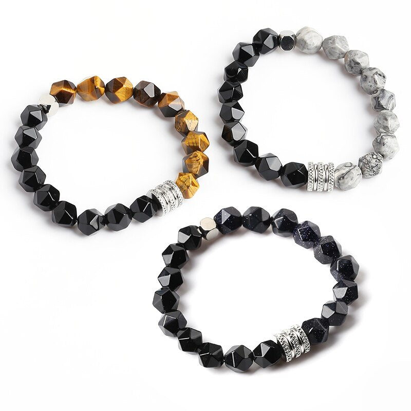 CHANGE BETTER 10mm Natural Stone Faceted Tiger Eyes Black Onyx Beaded Bracelet Men Stainless Steel Yoga Prayer Charm Bangles