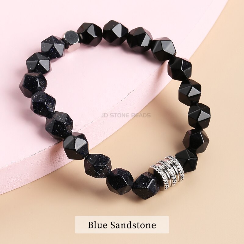 CHANGE BETTER 10mm Natural Stone Faceted Tiger Eyes Black Onyx Beaded Bracelet Men Stainless Steel Yoga Prayer Charm Bangles