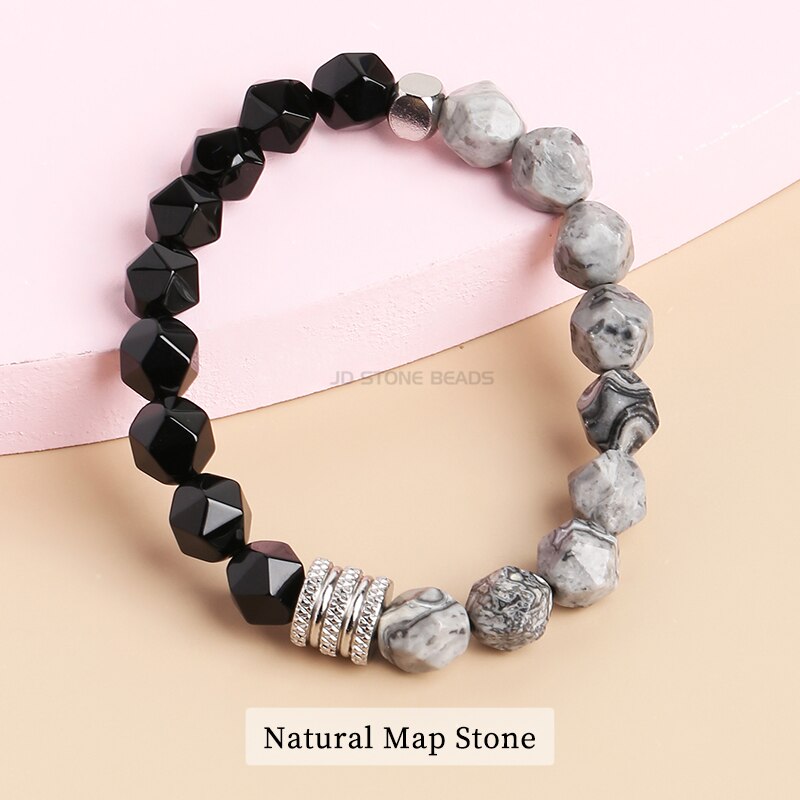 CHANGE BETTER 10mm Natural Stone Faceted Tiger Eyes Black Onyx Beaded Bracelet Men Stainless Steel Yoga Prayer Charm Bangles