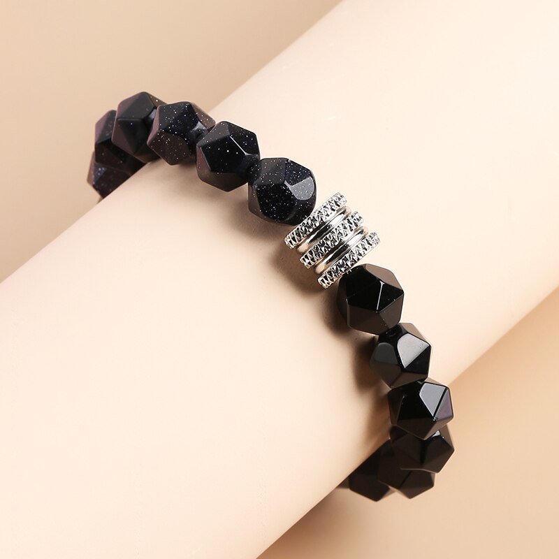 CHANGE BETTER 10mm Natural Stone Faceted Tiger Eyes Black Onyx Beaded Bracelet Men Stainless Steel Yoga Prayer Charm Bangles